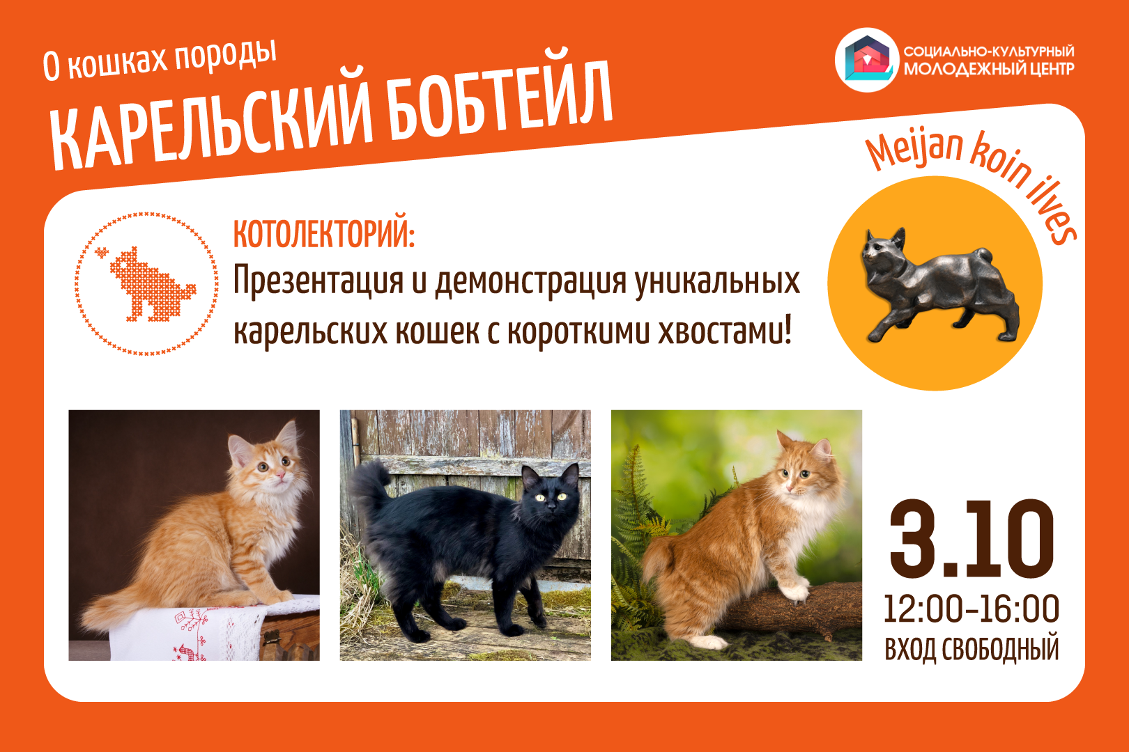 <p>Впервые в Сортавала! 3 октября 2026 года в Социально-культурном молодёжном центре города Сортавалы состоится уникальное мероприятие, посвящённое особому представителю живой природы Карелии — короткохвостым домашним кошкам породы Карельский бобтейл — «Котолекторий» с демонстрацией кошек. 11 июля 2026 года на набережной в городе Сортавала была установлена жанровая скульптура в виде кошки [&hellip;]</p>
